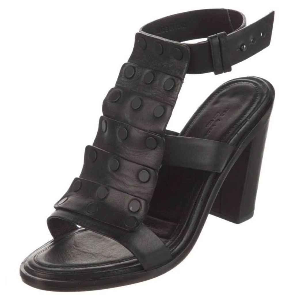 Rag & Bone Black Leather Studded T-Strap Block Heel Sandals Size 36eu/5.5-6us
